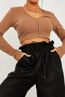 Rebellious Fashion Camel Ribbed Hook Fastening Crop Top - Piper