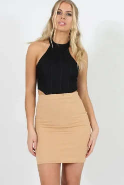 Rebellious Fashion Camel Ribbed Midi Skirt - Rebecca