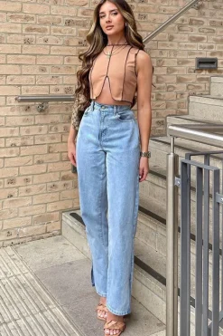 Rebellious Fashion Camel Ribbed Notch Contrast Stitch Crop Top - Rinnah