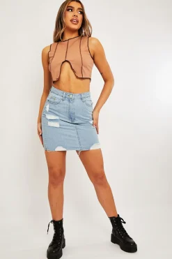 Rebellious Fashion Camel Ribbed Notch Contrast Stitch Crop Top - Rinnah