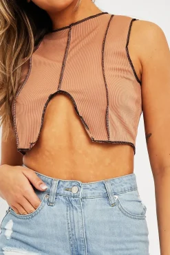 Rebellious Fashion Camel Ribbed Notch Contrast Stitch Crop Top - Rinnah