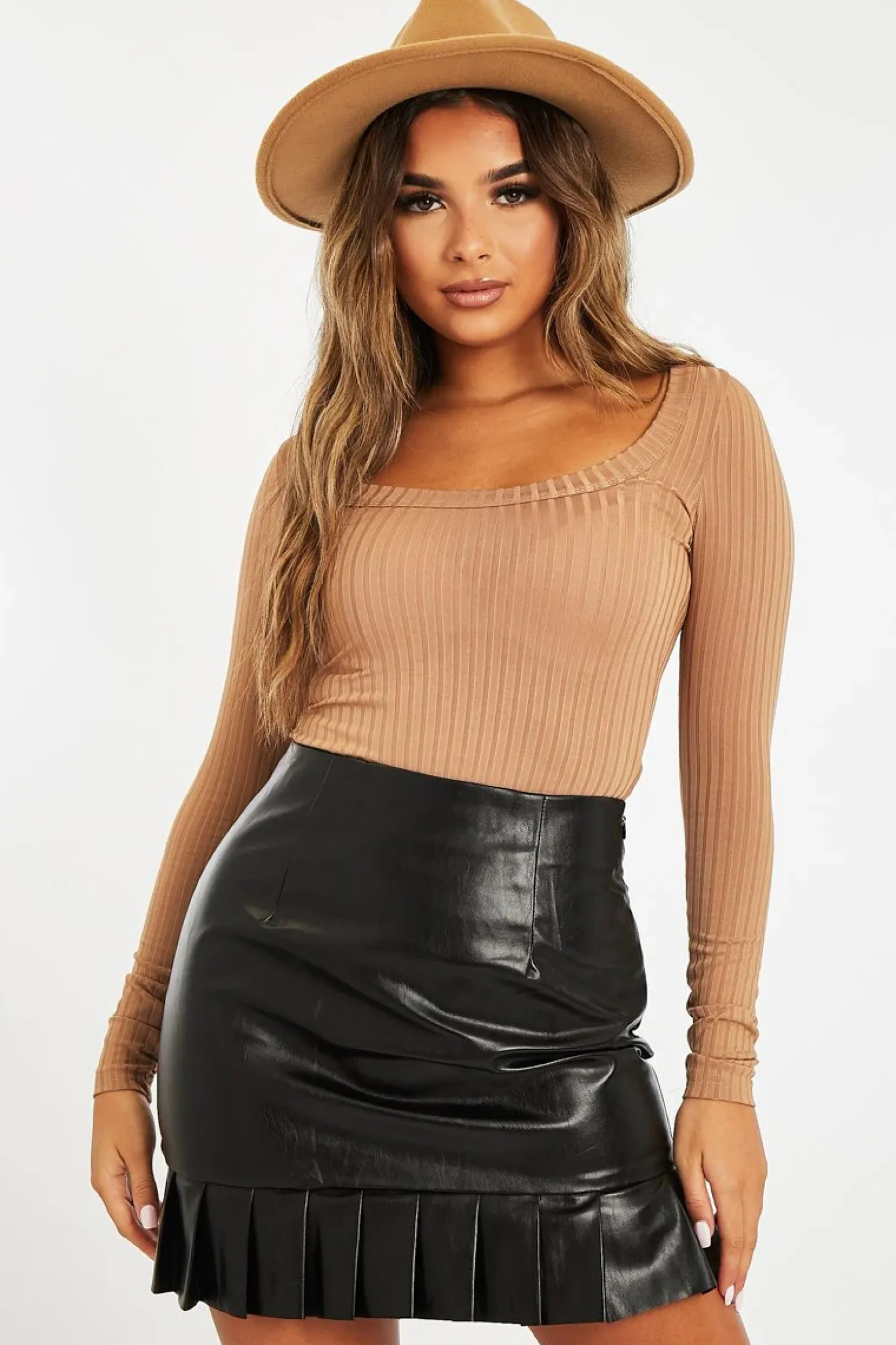 Rebellious Fashion Camel Ribbed Scoop Neck Bodysuit - Harlen