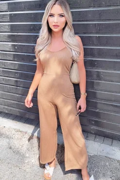 Rebellious Fashion Camel Ribbed Wide Leg Jumpsuit - Elpha
