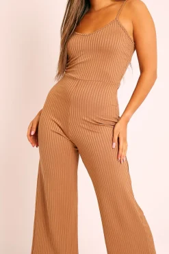 Rebellious Fashion Camel Ribbed Wide Leg Jumpsuit - Elpha