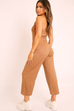 Rebellious Fashion Camel Ribbed Wide Leg Jumpsuit - Elpha