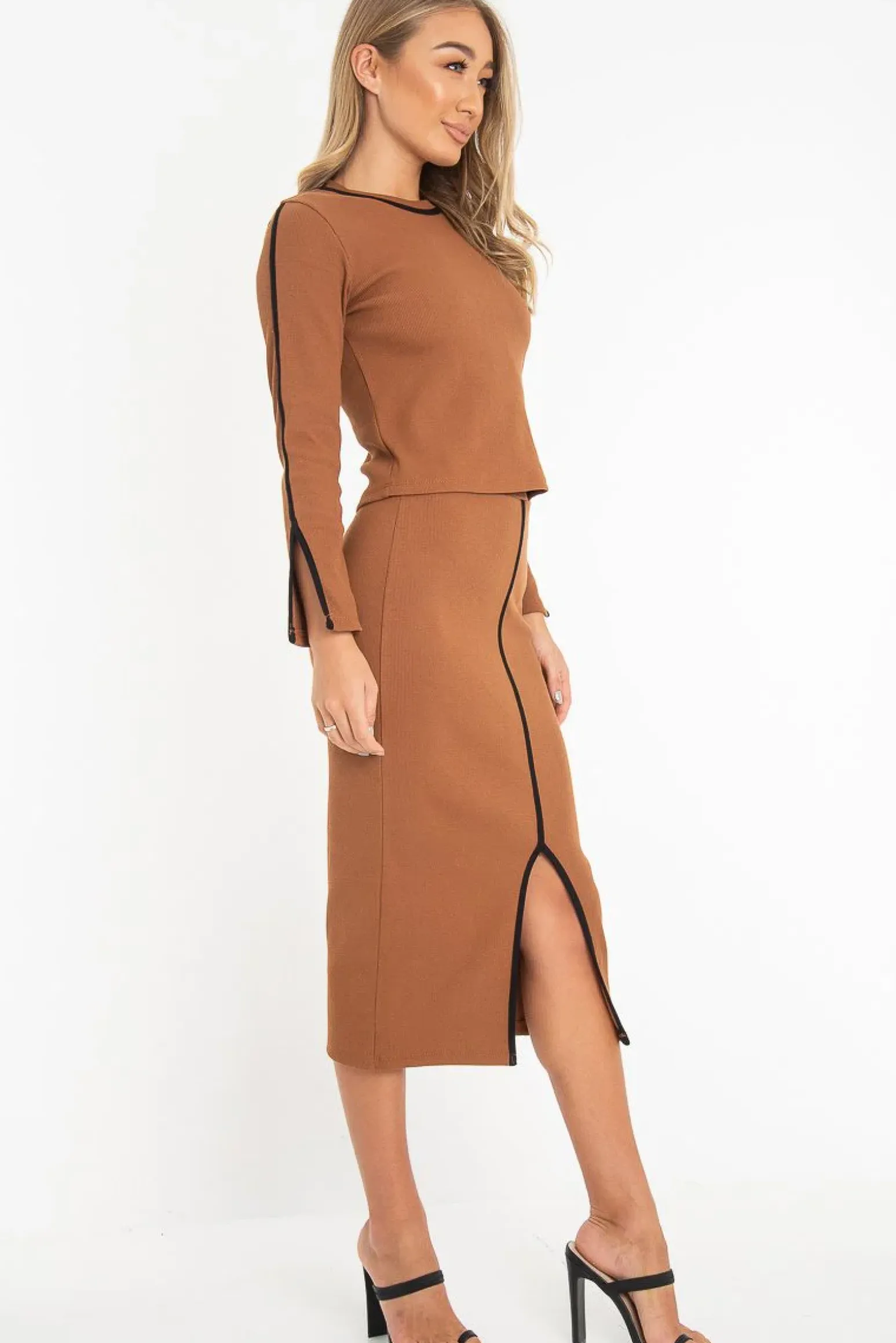 Rebellious Fashion Camel Rib Contrast Piping Jumper Midi Skirt Co-Ord - Eloise