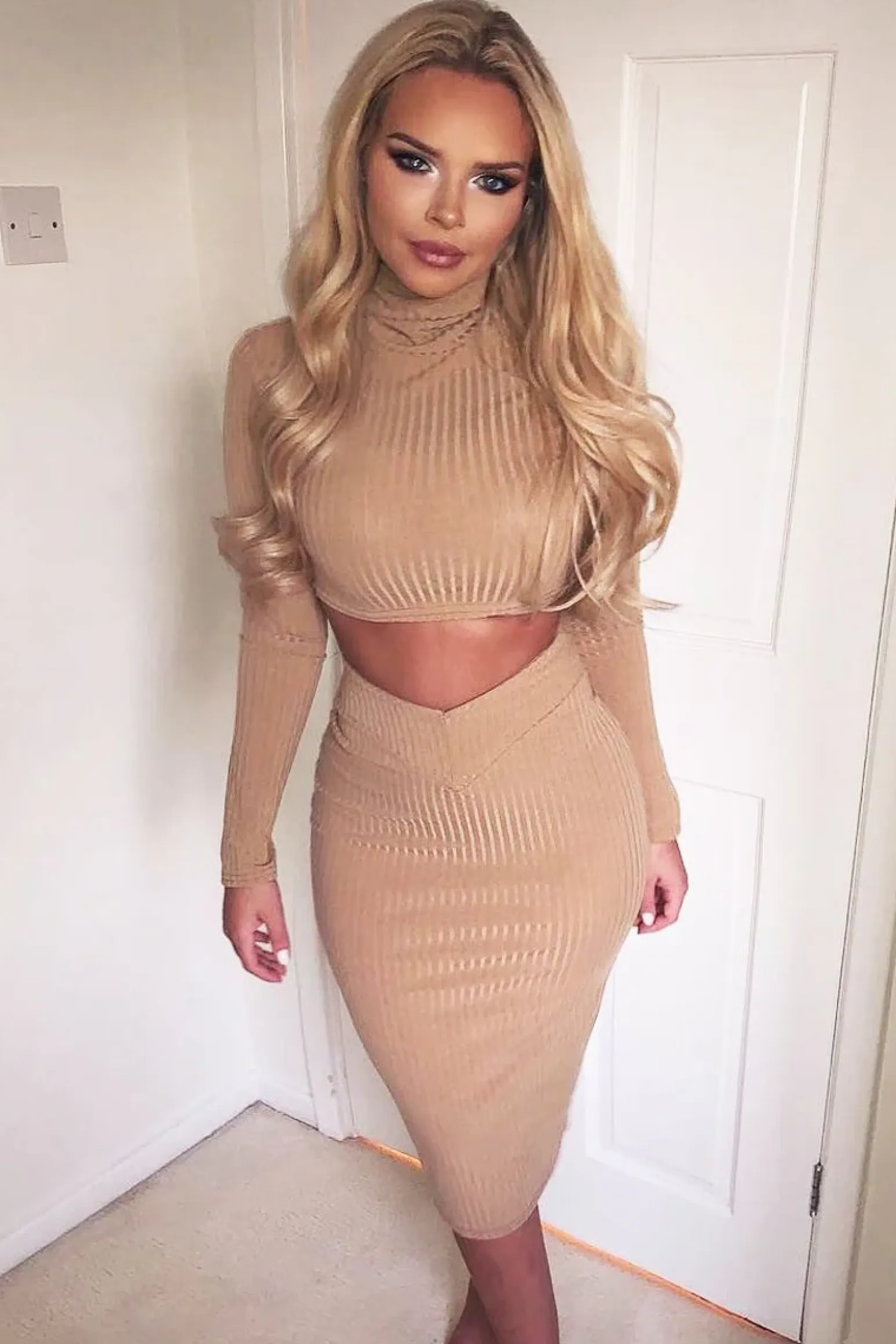 Rebellious Fashion Camel Rib High Neck Midi Length Skirt Set - Zooey
