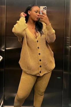 Rebellious Fashion Camel Rib Knit Oversized Cardigan and Legging Set - Paola