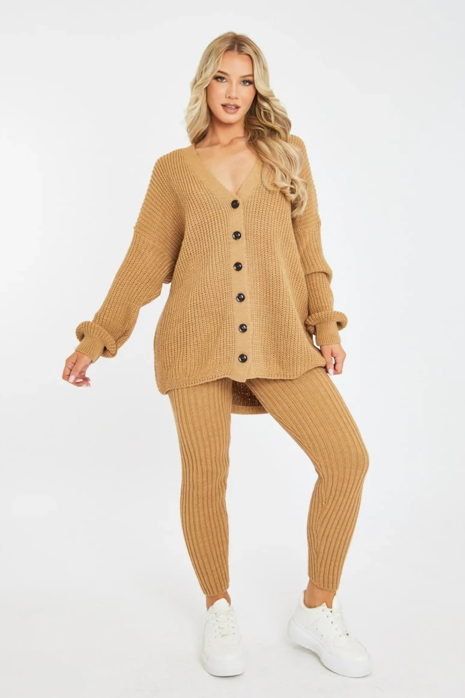 Rebellious Fashion Camel Rib Knit Oversized Cardigan and Legging Set - Paola