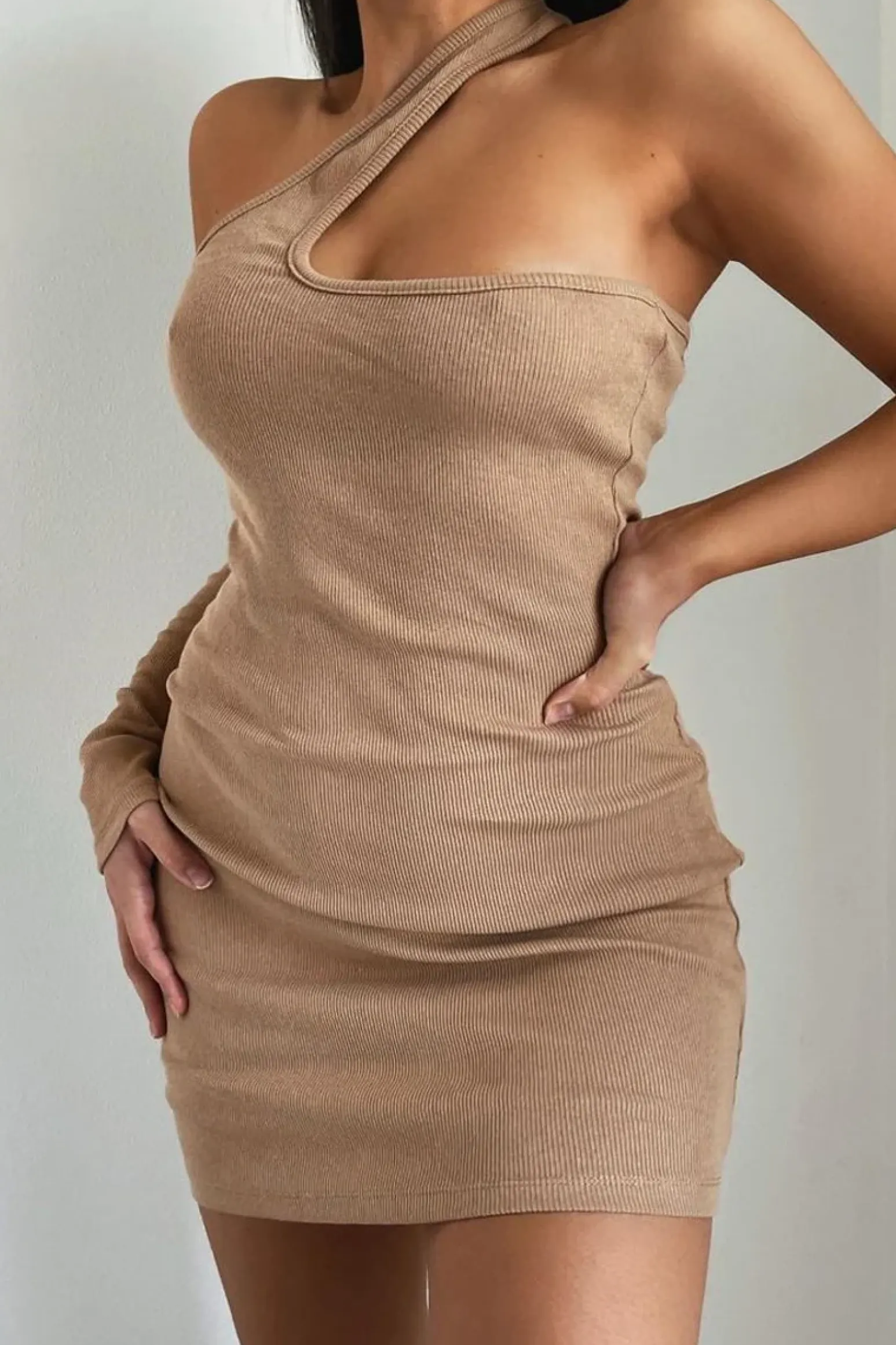 Rebellious Fashion Camel Rib One Sleeve Asymmetric Mini Dress - Nola