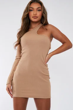 Rebellious Fashion Camel Rib One Sleeve Asymmetric Mini Dress - Nola