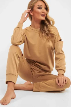 Rebellious Fashion Camel Ripped Knee Cut Out Loungewear Set - Demmi