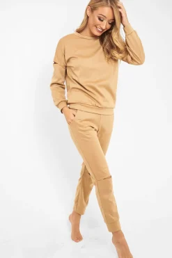 Rebellious Fashion Camel Ripped Knee Cut Out Loungewear Set - Demmi
