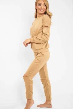 Rebellious Fashion Camel Ripped Knee Cut Out Loungewear Set - Demmi