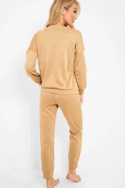 Rebellious Fashion Camel Ripped Knee Cut Out Loungewear Set - Demmi