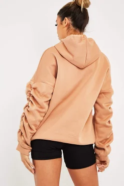 Rebellious Fashion Camel Ruched Sleeve Oversized Hoodie - Dezi
