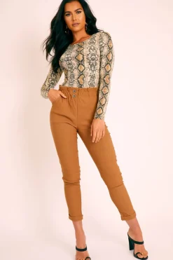 Rebellious Fashion Camel Ruched Waist Tapered Leg Trousers - Lovina
