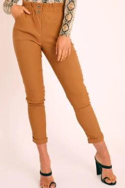 Rebellious Fashion Camel Ruched Waist Tapered Leg Trousers - Lovina