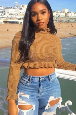 Rebellious Fashion Camel Ruffle Hem Chunky Knit Crop Jumper - Alannah