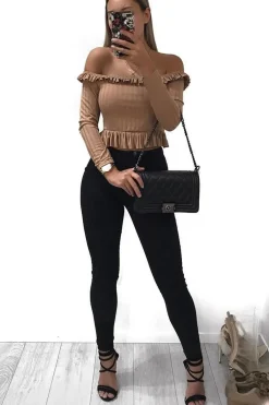 Rebellious Fashion Camel Ruffle Hem Ribbed Bardot Crop Top - Kaitlyn