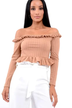 Rebellious Fashion Camel Ruffle Hem Ribbed Bardot Crop Top - Kaitlyn