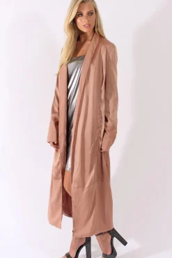 Rebellious Fashion Camel Satin Belted Duster Jacket - Candice