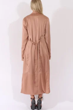 Rebellious Fashion Camel Satin Belted Duster Jacket - Candice