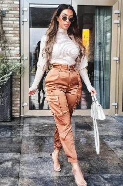 Rebellious Fashion Camel Satin Belted Utility Pocket Double Buttoned Trousers - Una