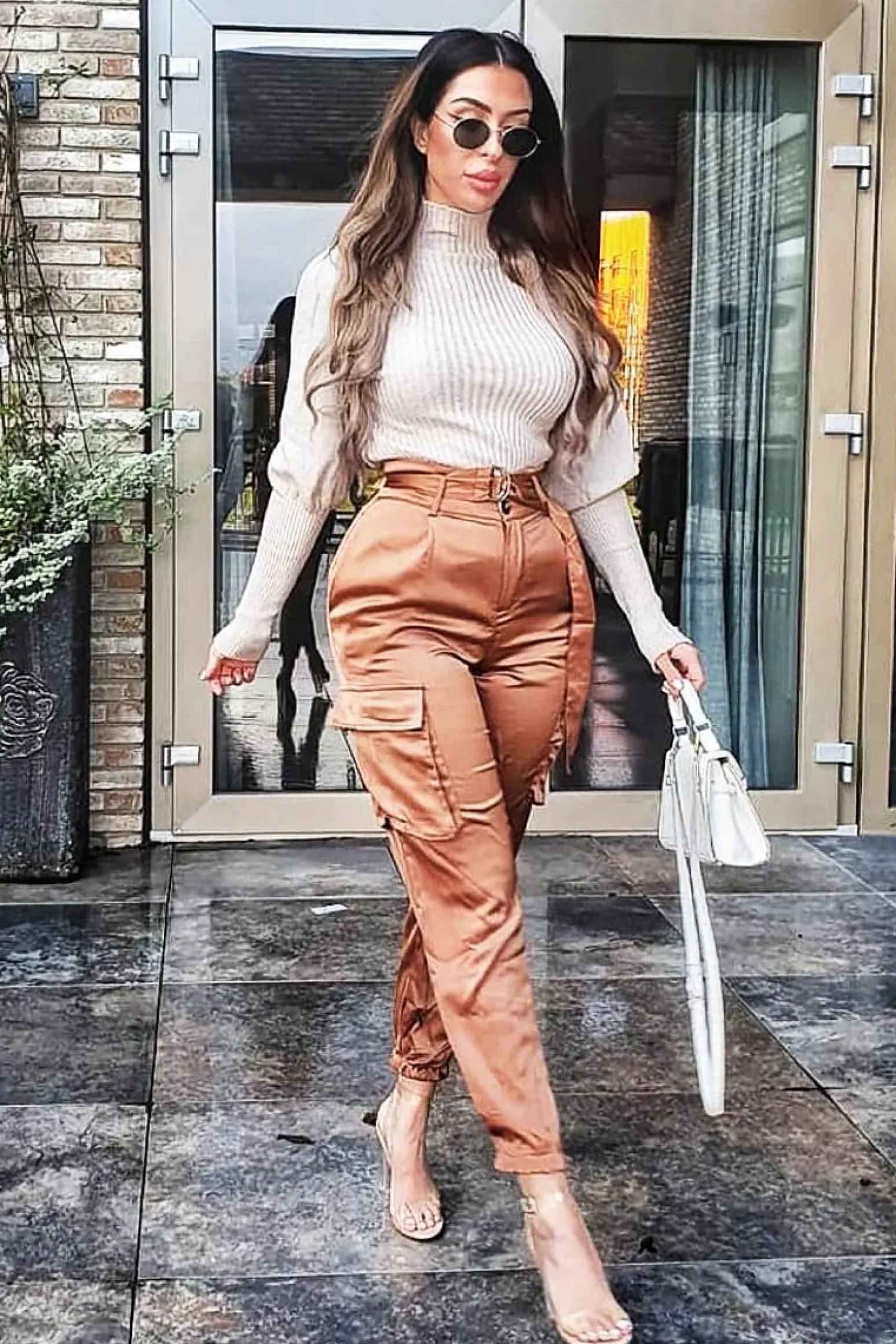 Rebellious Fashion Camel Satin Belted Utility Pocket Double Buttoned Trousers - Una