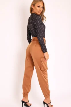 Rebellious Fashion Camel Satin Belted Utility Pocket Double Buttoned Trousers - Una