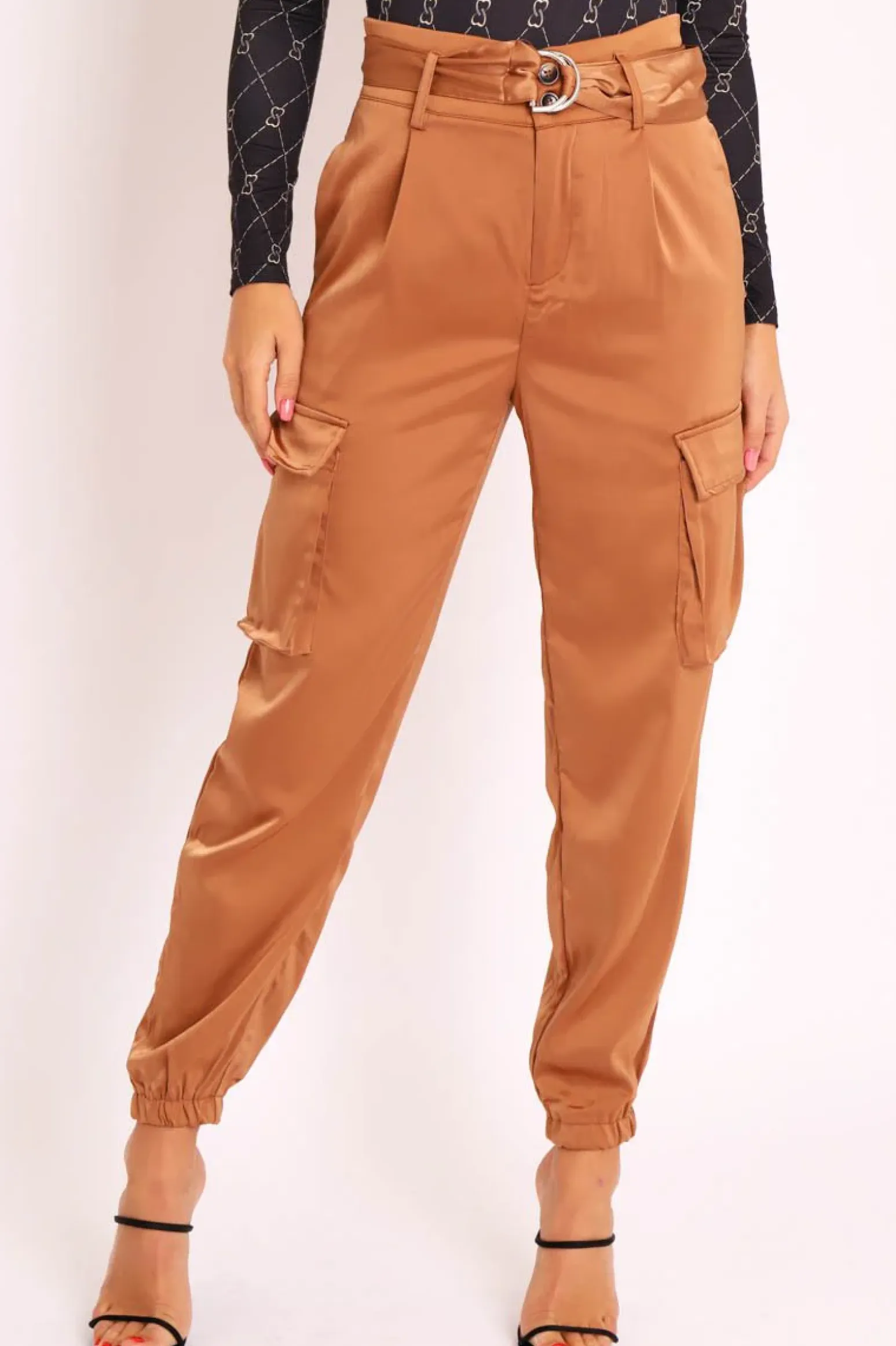 Rebellious Fashion Camel Satin Belted Utility Pocket Double Buttoned Trousers - Una
