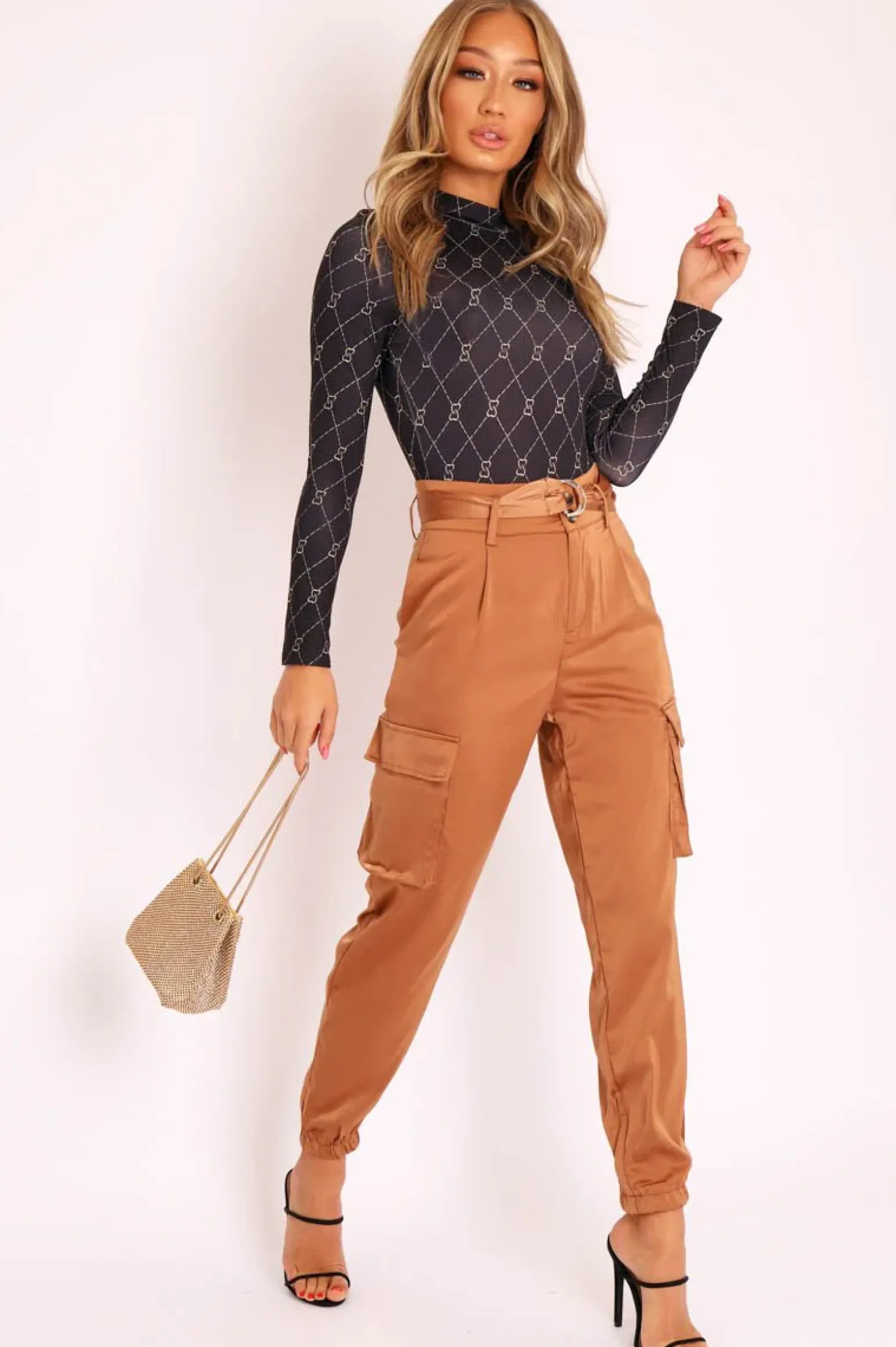 Rebellious Fashion Camel Satin Belted Utility Pocket Double Buttoned Trousers - Una