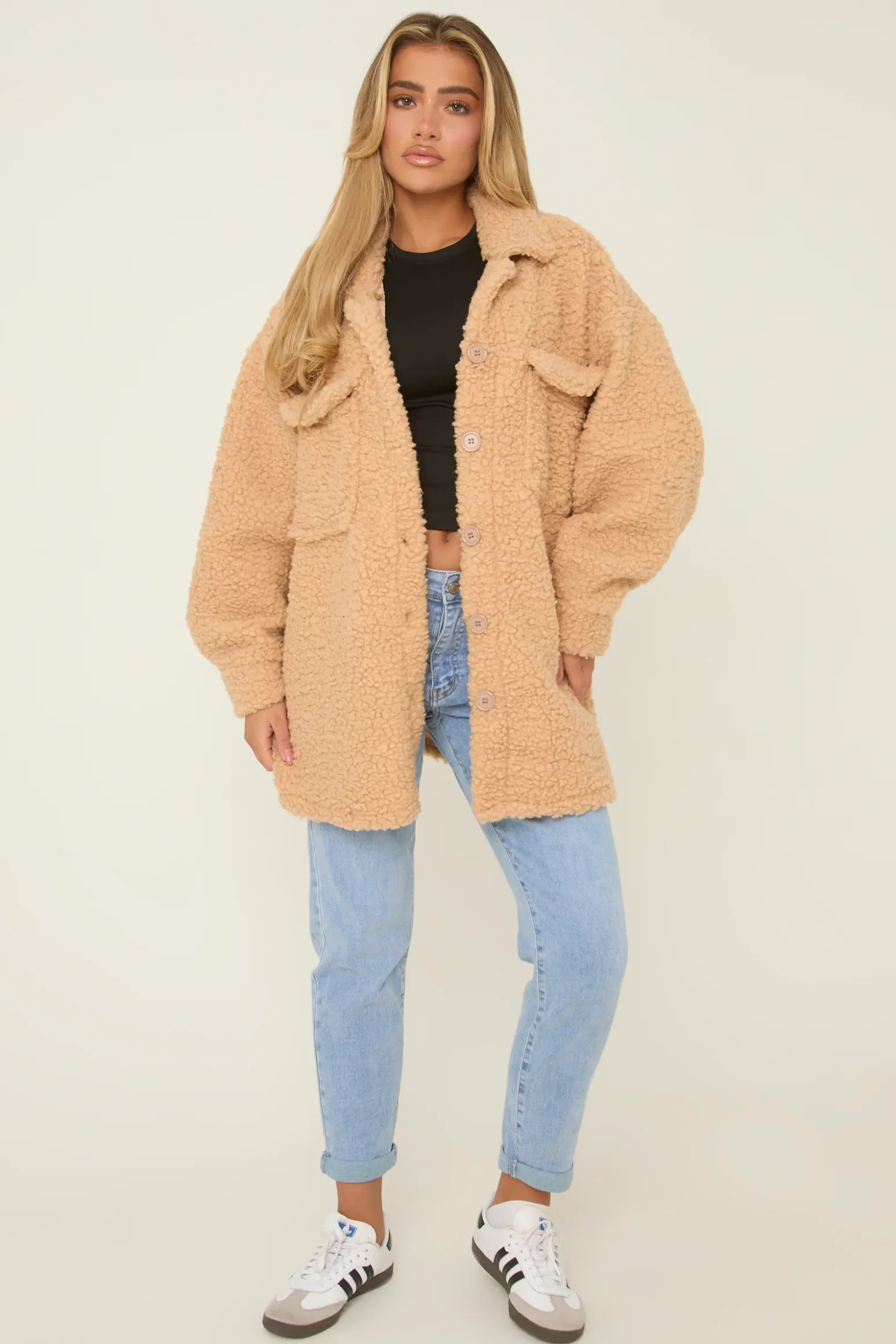 Rebellious Fashion Camel Sherpa Oversized Longline Long Sleeves Shacket - Agnes