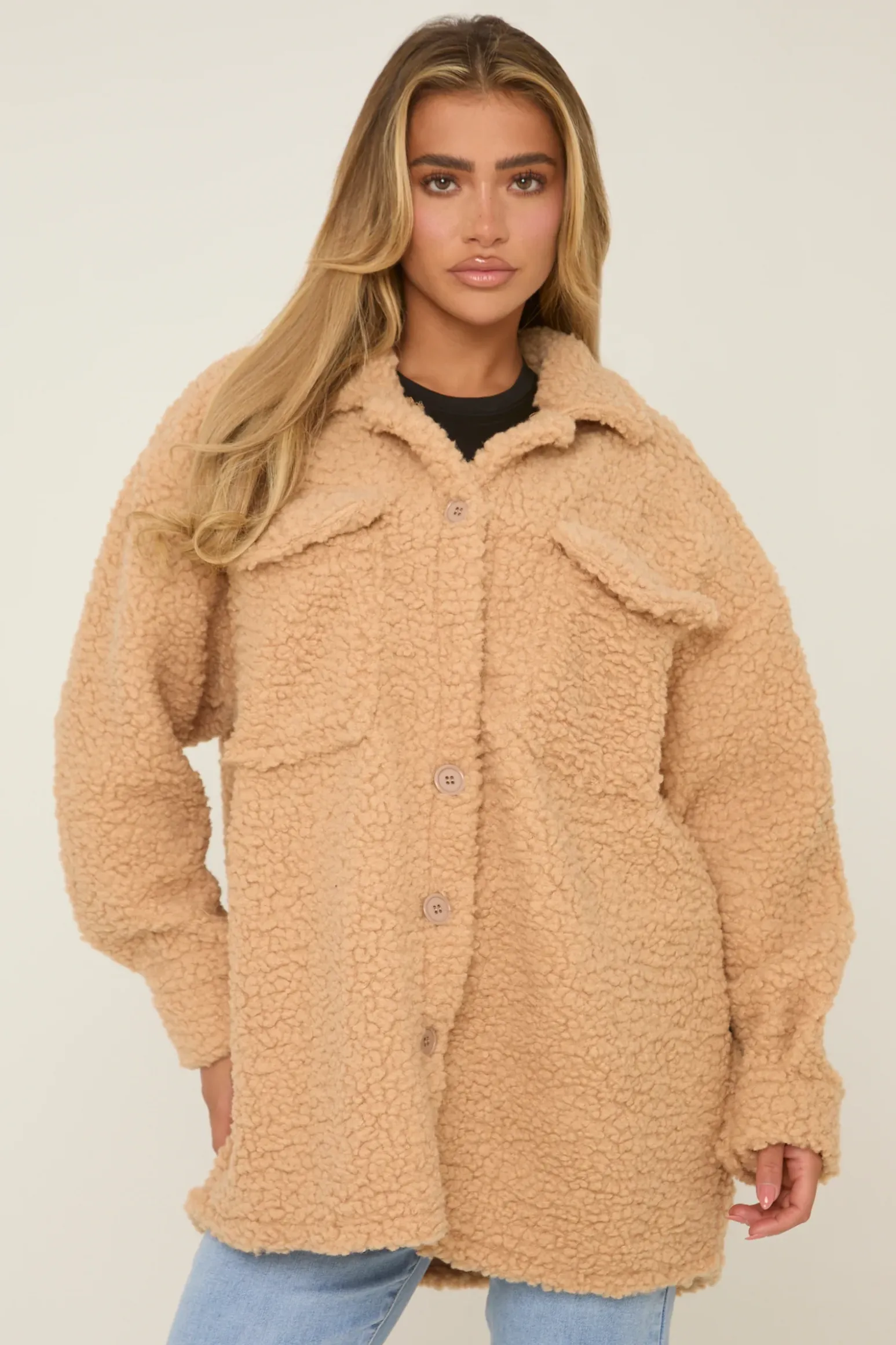 Rebellious Fashion Camel Sherpa Oversized Longline Long Sleeves Shacket - Agnes