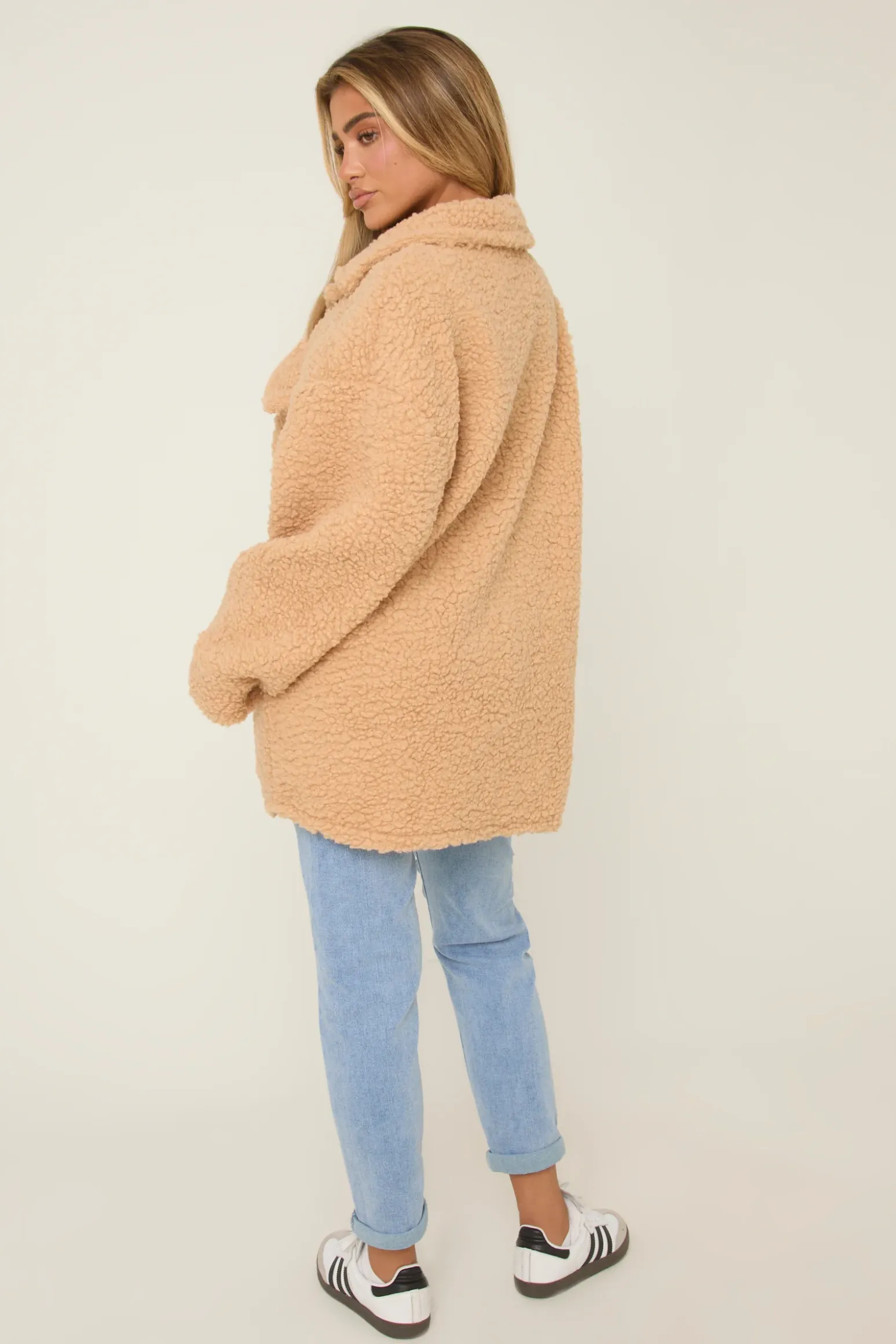 Rebellious Fashion Camel Sherpa Oversized Longline Long Sleeves Shacket - Agnes