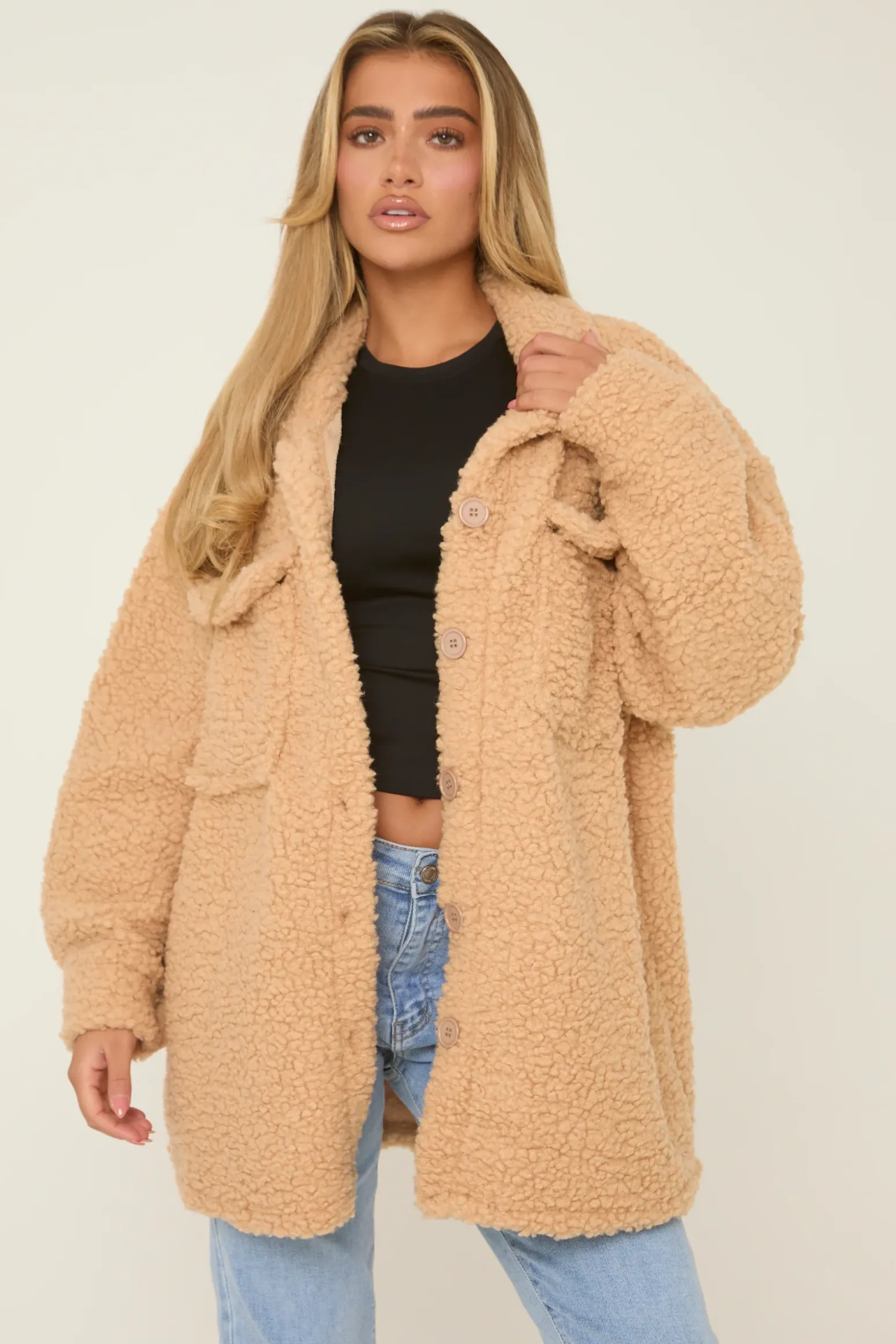 Rebellious Fashion Camel Sherpa Oversized Longline Long Sleeves Shacket - Agnes
