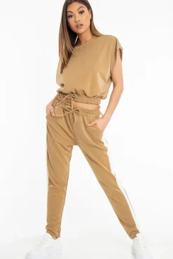 Rebellious Fashion Camel Shiny Contrast Stripe Crop Top Joggers Co-Ord - Maisey