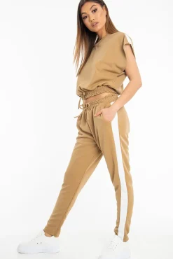 Rebellious Fashion Camel Shiny Contrast Stripe Crop Top Joggers Co-Ord - Maisey