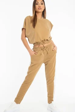 Rebellious Fashion Camel Shiny Contrast Stripe Crop Top Joggers Co-Ord - Maisey