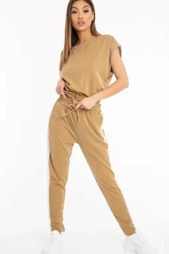 Rebellious Fashion Camel Shiny Contrast Stripe Crop Top Joggers Co-Ord - Maisey