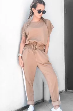 Rebellious Fashion Camel Shiny Contrast Stripe Crop Top Joggers Co-Ord - Maisey