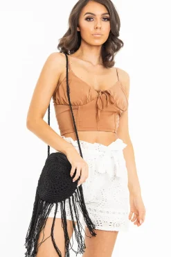 Rebellious Fashion Camel Shirred Cup Sleeveless Crop Top - Divya