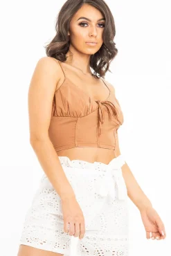 Rebellious Fashion Camel Shirred Cup Sleeveless Crop Top - Divya