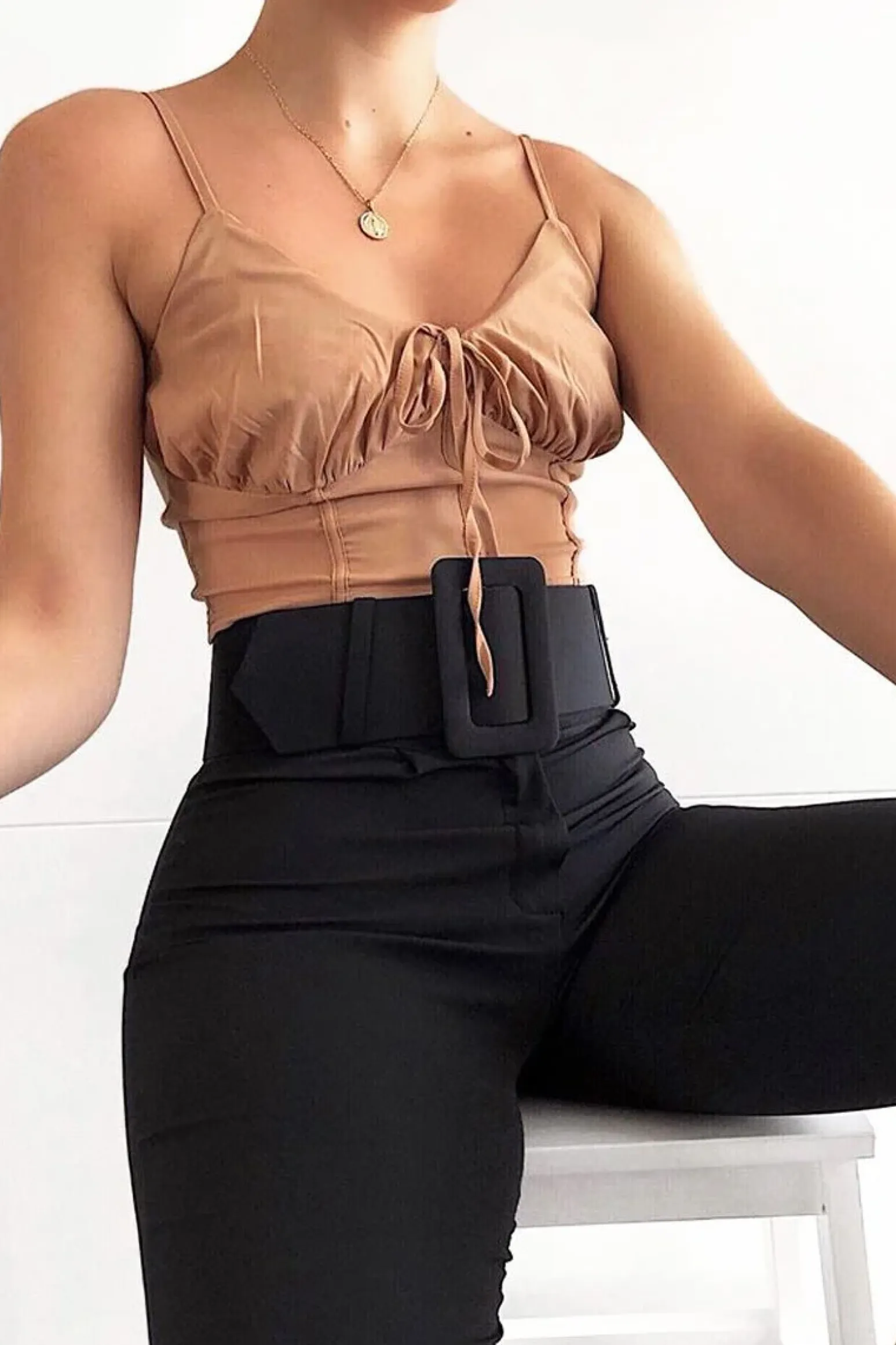 Rebellious Fashion Camel Shirred Cup Sleeveless Crop Top - Divya