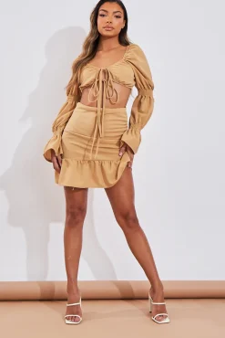 Rebellious Fashion Camel Shirred Sleeve Crop Top & Ruched Mini Skirt Set - Ariana