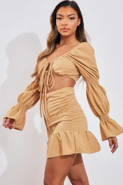 Rebellious Fashion Camel Shirred Sleeve Crop Top & Ruched Mini Skirt Set - Ariana