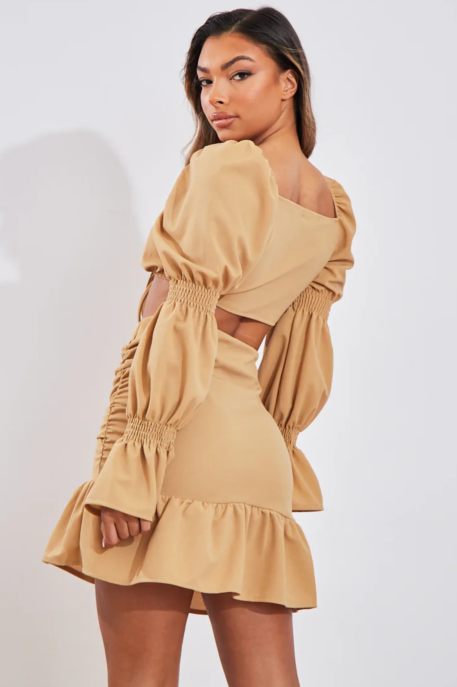 Rebellious Fashion Camel Shirred Sleeve Crop Top & Ruched Mini Skirt Set - Ariana