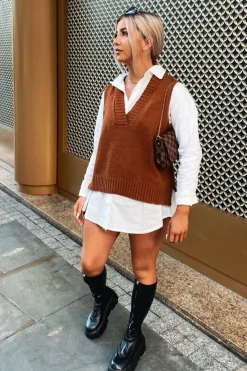 Rebellious Fashion Camel Shirt Insert Knit Vest Top - Caris