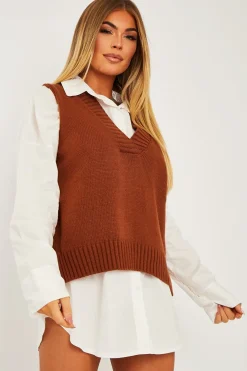 Rebellious Fashion Camel Shirt Insert Knit Vest Top - Caris