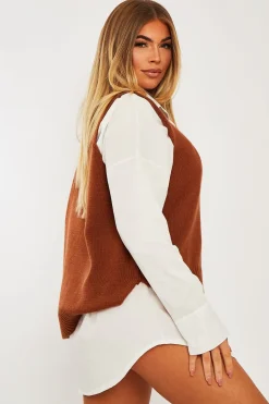 Rebellious Fashion Camel Shirt Insert Knit Vest Top - Caris